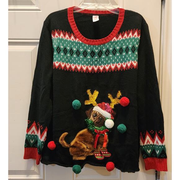 None Sweaters - Womens Black Santa Claus Puppy Dog  Holiday Christmas Sweater